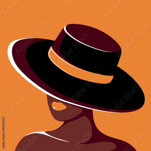 Young woman in the hat and with bright lips. Vector illustration for poster, print on clothes. Fashion & Style.