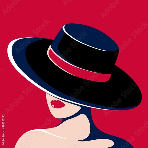 Young woman in the hat and with bright lips. Vector illustration for poster, print on clothes. Fashion & Style.
