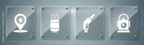 Set Petrol or Gas station, Gasoline pump nozzle, Propane gas tank and Refill petrol fuel location. Square glass panels. Vector