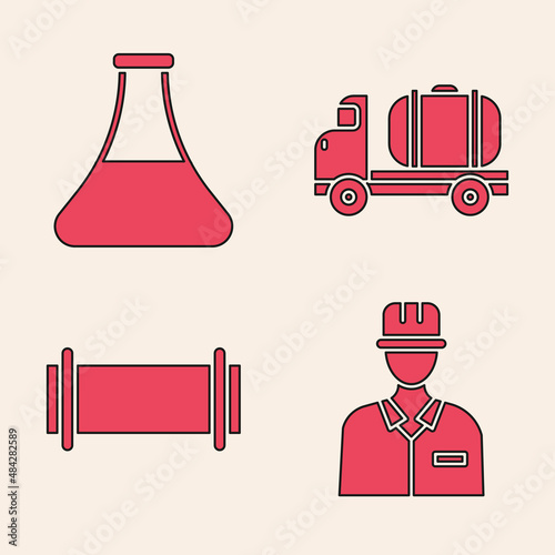 Set Oilman, Oil petrol test tube, Tanker truck and Industry pipe icon. Vector