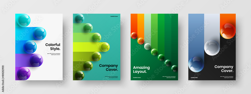 Trendy realistic balls corporate cover illustration collection. Simple front page A4 vector design template bundle.