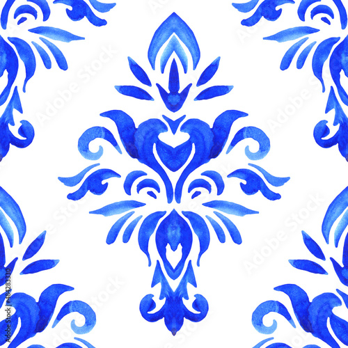 Watercolor blue damask hand drawn floral design. Seamless pattern, indigo renaissance tiling ornament.