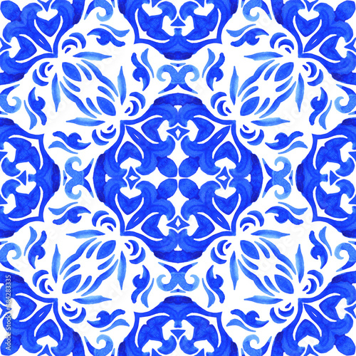 . Seamless ornamental watercolor arabesque paint tile pattern for fabric and ceramics.