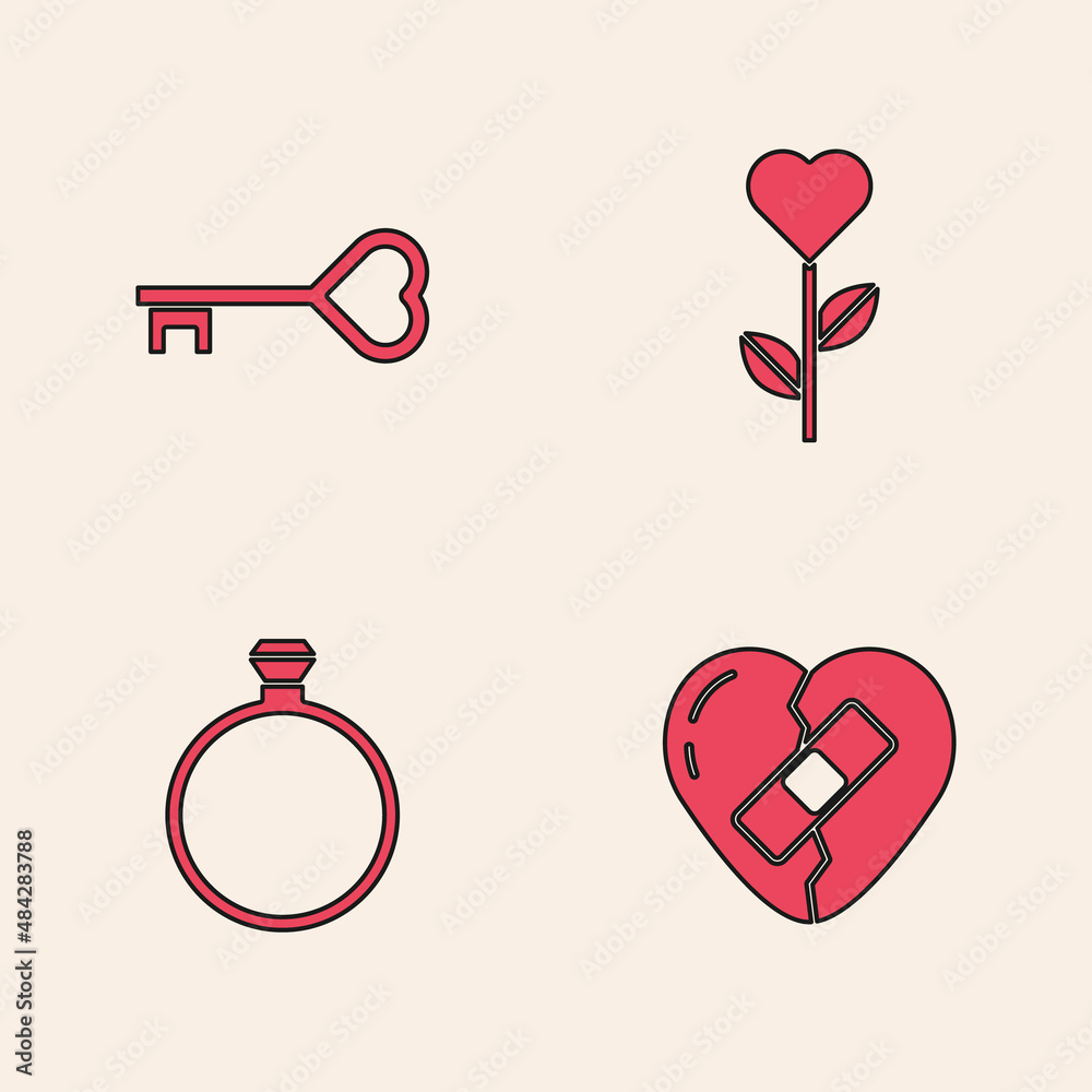 Set Healed broken heart, Key in shape, Heart flower and Diamond engagement ring icon. Vector Set Healed broken heart, Key in shape, Heart flower and Diamond engagement ring icon. Vector