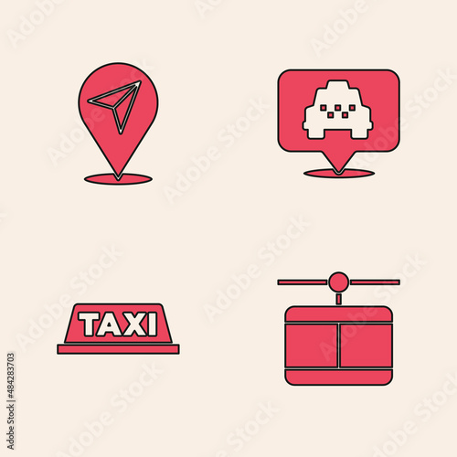 Set Cable car, Location, with taxi and Taxi roof icon. Vector