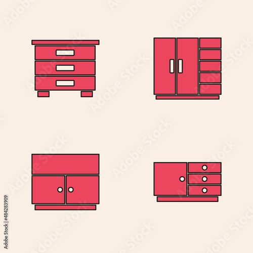 Set Chest of drawers, Furniture nightstand, Wardrobe and icon. Vector