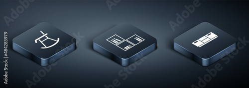 Set Isometric Armchair, Furniture nightstand and Shelf with books icon. Vector