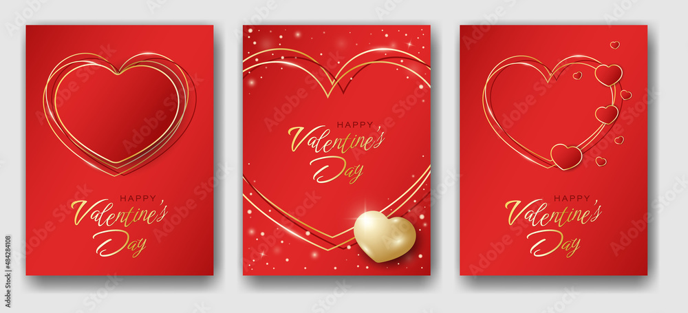 Valentine's Day glimmer vector greeting cards kit. Red and gold realistic glossy hearts on bright red colorful background. Volumetric, trendy design. Best for polygraphy, print and web. Valentine's Day glimmer vector greeting cards kit. Red and gold realistic glossy hearts on bright red colorful background. Volumetric, trendy design. Best for polygraphy, print and web.
