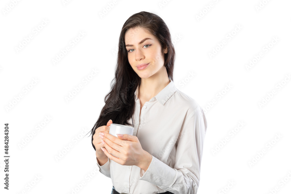 Beautiful business woman wearing a white shirt holding a mug. smiling looking at camera. Isolated on white background. 20-22 years old. White european woman. Beautiful business woman wearing a white shirt holding a mug. smiling looking at camera. Isolated on white background. 20-22 years old. White european woman.