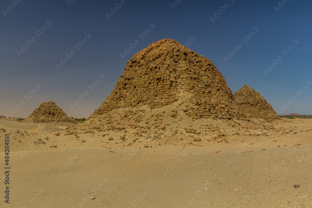 View of dilapidated pyramids of Nuri in the desert near Karima town, Sudan
