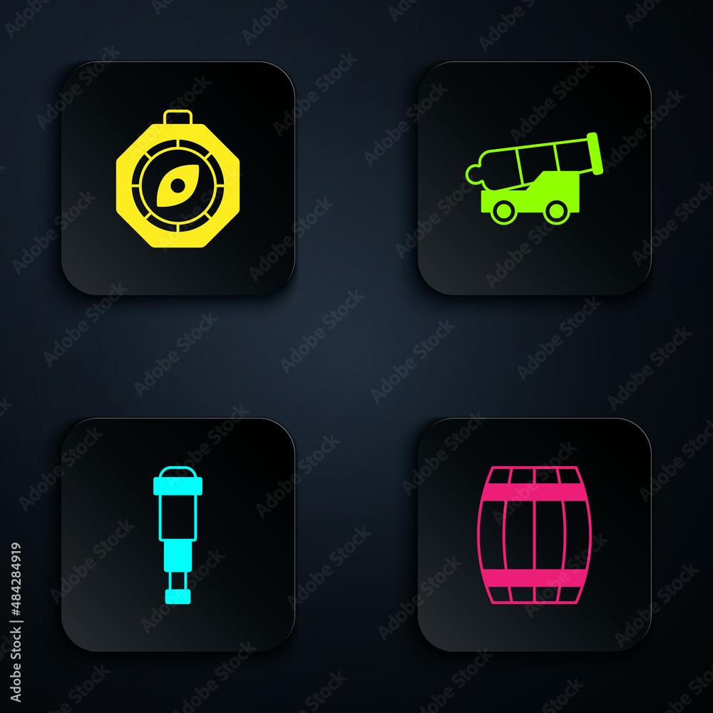 Set Wooden barrel, Compass, Spyglass telescope lens and Cannon. Black square button. Vector Set Wooden barrel, Compass, Spyglass telescope lens and Cannon. Black square button. Vector