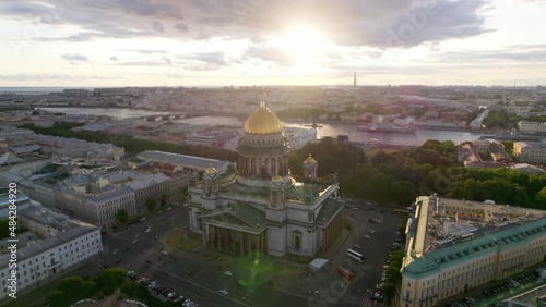 Golden dome of Isaac cathedral at sunrise dron.