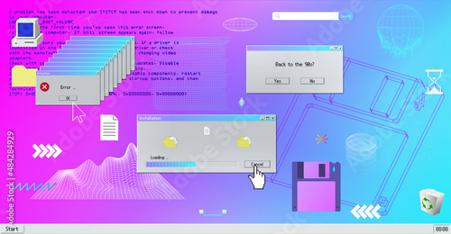 Retrofuturistic concept, old user interface and 3d geometric shapes. Vaporwave and retro wave 80's and 90's. Elements retro and vintage design. Pixel screen computer and old user interface. Vector set