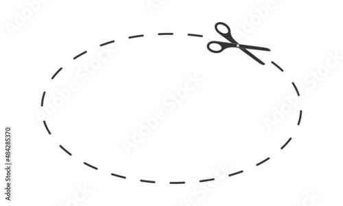 Scissors cutting oval shape with dotted line. Cut here pictogram for paper discount coupon, voucher, promo code. Graphic vector illustration isolated on white background