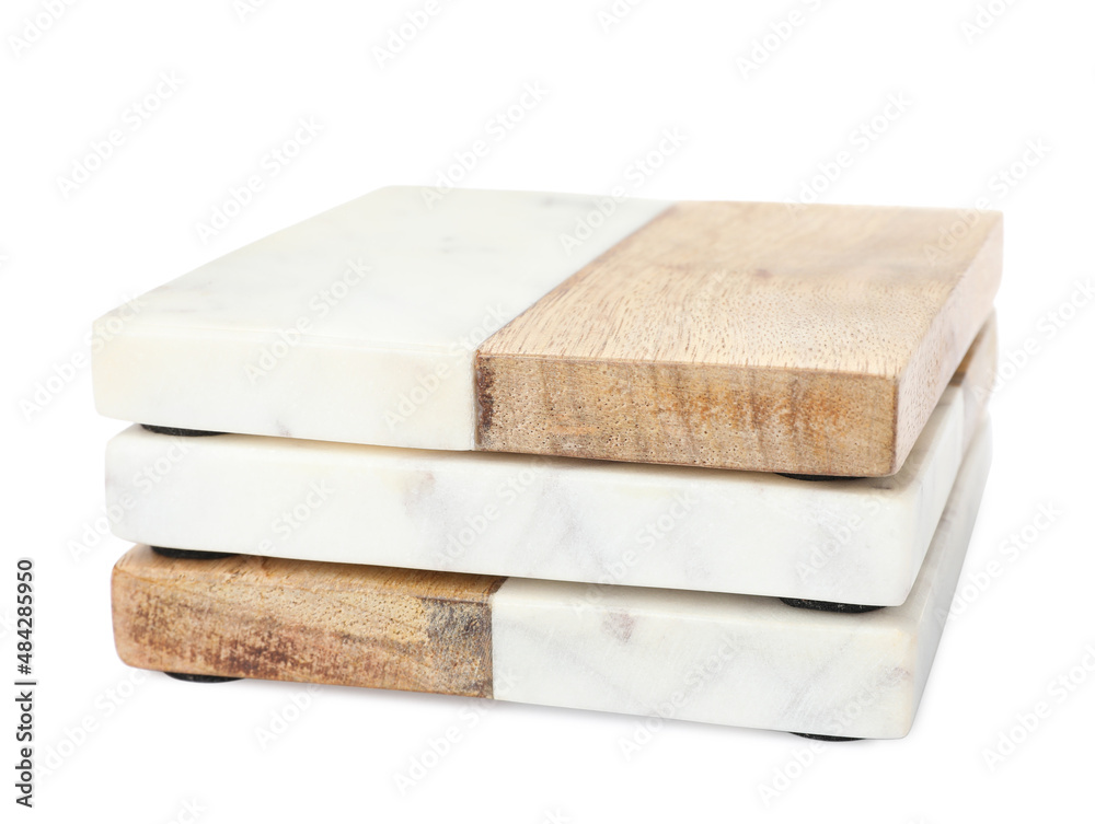 Stack of stylish cup coasters on white background Stack of stylish cup coasters on white background