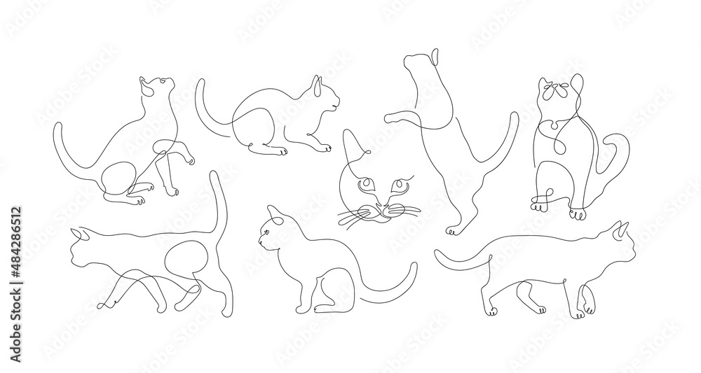 Continuous single line vector set of cats. Collection of continuous line sitting and running cats. Side view cat. Vector illustration. Isolated on white background.