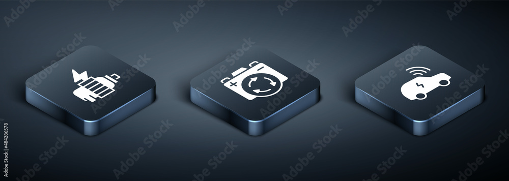 Set Isometric Electric motor, Smart car system and Battery with recycle symbol icon. Vector Set Isometric Electric motor, Smart car system and Battery with recycle symbol icon. Vector