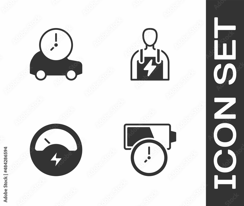 Set Battery charge, Electric car, Voltmeter and Car mechanic icon. Vector Set Battery charge, Electric car, Voltmeter and Car mechanic icon. Vector