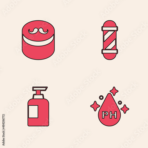 Set Oil for hair care treatment, Gel wax styling, Classic Barber shop pole and Bottle of shampoo icon. Vector