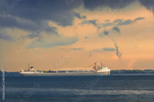 Detroit River Ship under Stormy Summer Sky