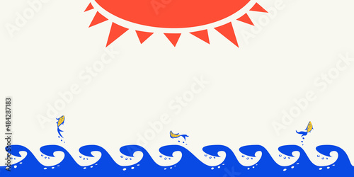 This is a vector image of the stylization of the sea, the waves, the fish, the sun. This vector image can be an element of a blank for your background, template, card, or complete illustration.