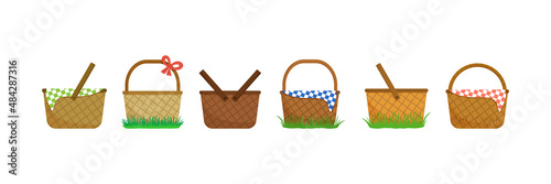 Picnic empty basket vector icon, Easter wicker hamper set. Cartoon illustration