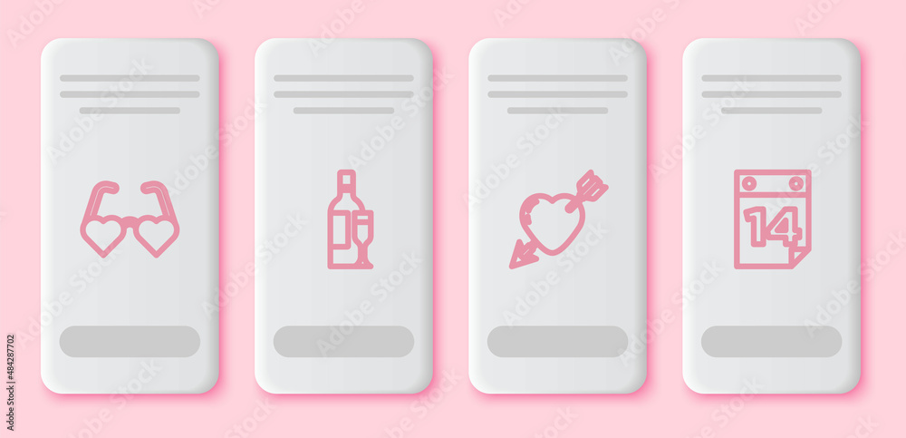 Set line Heart shaped love glasses, Champagne bottle, Amour with heart and arrow and Calendar February 14. White rectangle button. Vector Set line Heart shaped love glasses, Champagne bottle, Amour with heart and arrow and Calendar February 14. White rectangle button. Vector