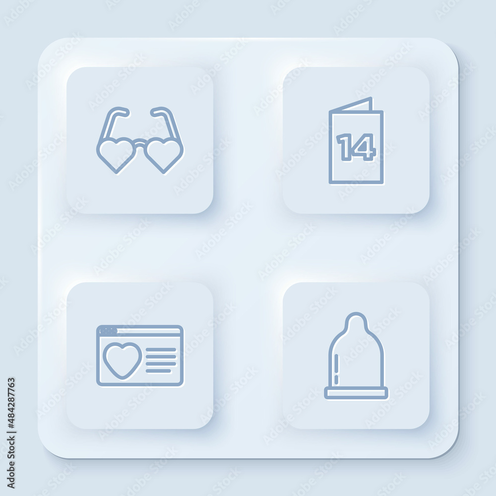 Set line Heart shaped love glasses, Greeting card, Dating app online and Condom. White square button. Vector
