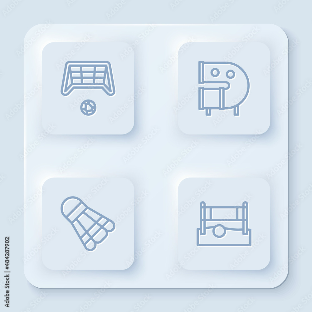 Set line Soccer goal with ball, Kid playground slide pipe, Badminton shuttlecock and Volleyball net. White square button. Vector Set line Soccer goal with ball, Kid playground slide pipe, Badminton shuttlecock and Volleyball net. White square button. Vector