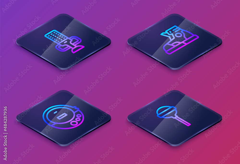 Set Isometric line Microphone, Music CD player, Sport sneakers and Lollipop. Blue square button. Vector Set Isometric line Microphone, Music CD player, Sport sneakers and Lollipop. Blue square button. Vector