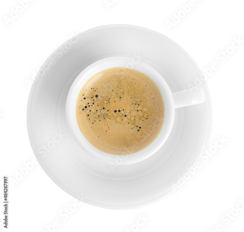 Cup of tasty coffee isolated on white  top view