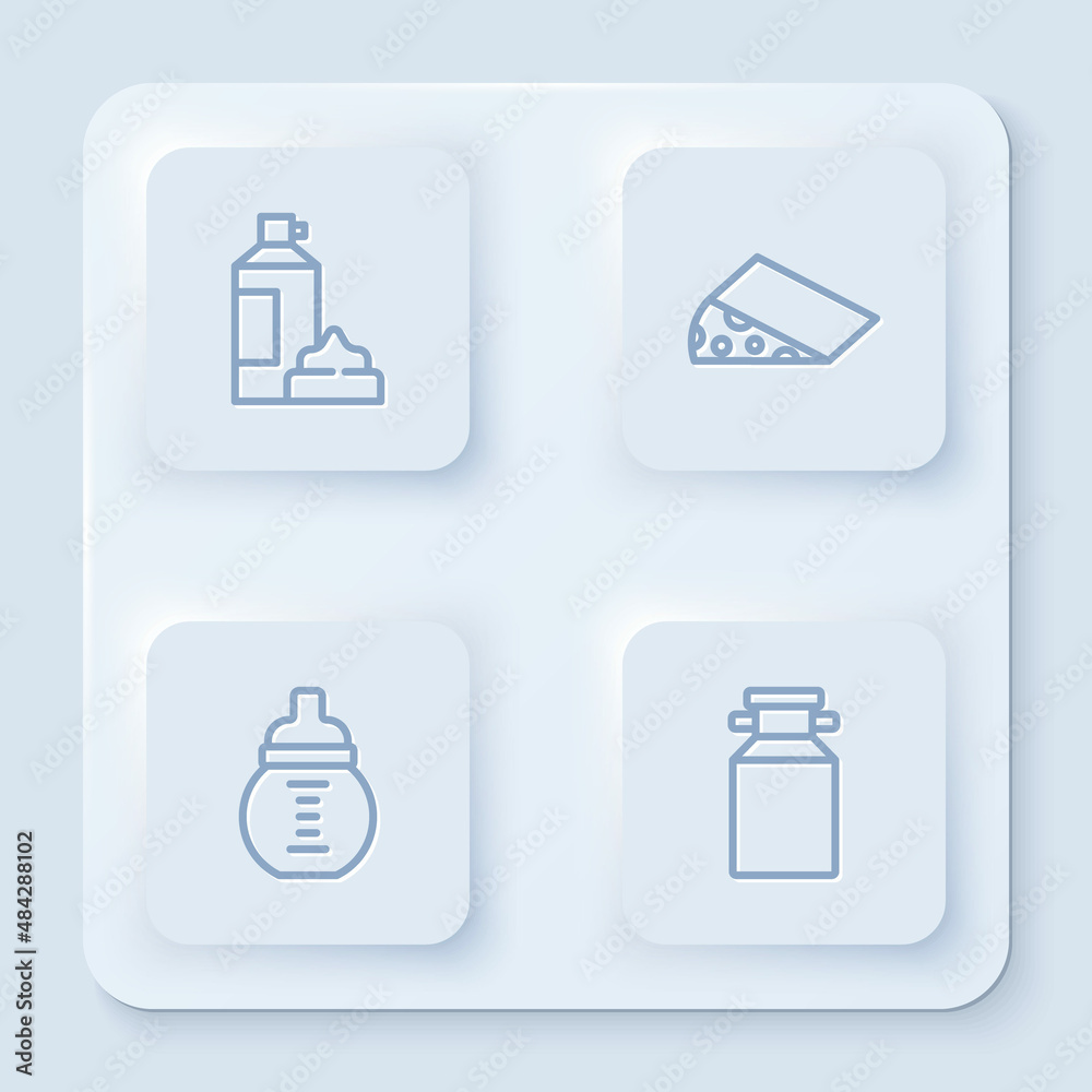 Set line Whipped cream in bottle, Cheese, Baby milk and Can container for. White square button. Vector