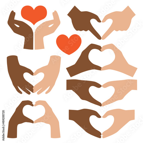 Black and white hands making heart shape. Vector illustration. Interracial friendship concept.