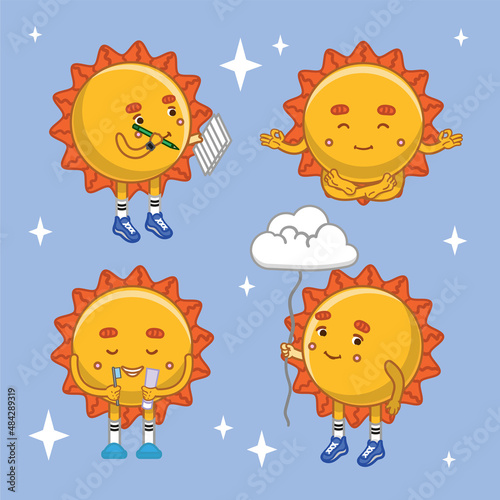 Spring sticker set icon cartoon cute bright sun with notepad and meditation, brushing teeth, with balloon cloud