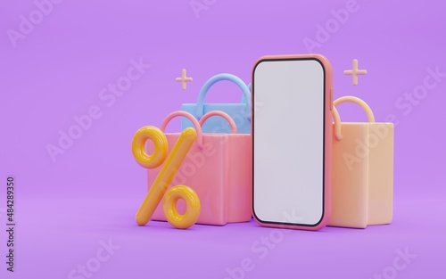 online shopping Smartphone with Shopping Bags. 3d rendering