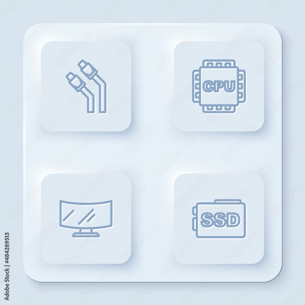 Set line LAN cable network internet, Processor with CPU, Computer monitor screen and SSD card. White square button. Vector Set line LAN cable network internet, Processor with CPU, Computer monitor screen and SSD card. White square button. Vector