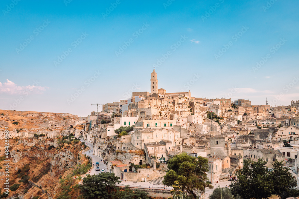 Sassi di Matera from the Belvedere Colombo (Church of Sant'Agostino), blue sky with clouds