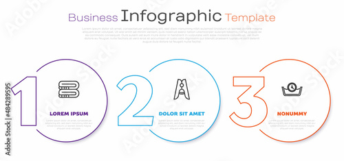 Set line Towel stack, Clothes pin and Time wash. Business infographic template. Vector
