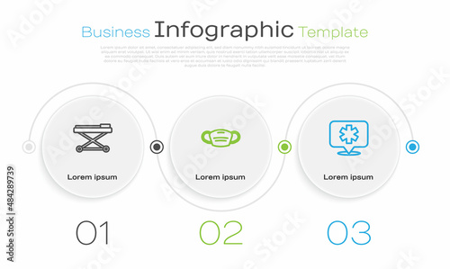 Set line Stretcher, Medical protective mask and Location hospital. Business infographic template. Vector
