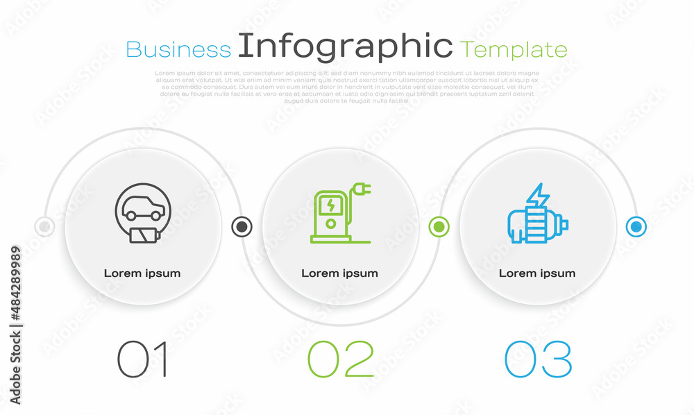 Set line Electric car, charging station and motor. Business infographic template. Vector