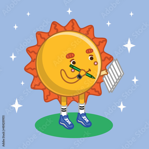 kids sticker cute bright cartoon sun with notepad and pencil taking notes in spring or summer