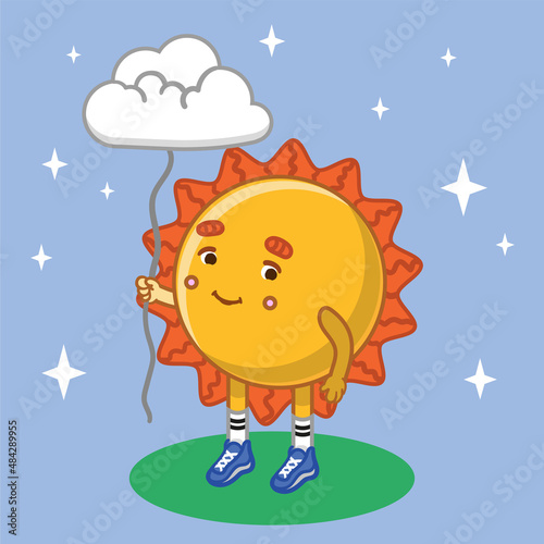 kids sticker cute bright cartoon sun with balloon cloud walking in spring and summer