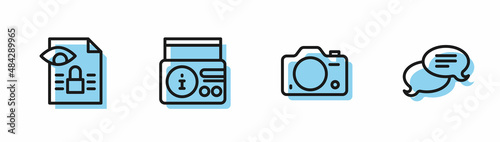 Set line Photo camera, Journalistic investigation, News radio channel and Speech bubble chat icon. Vector