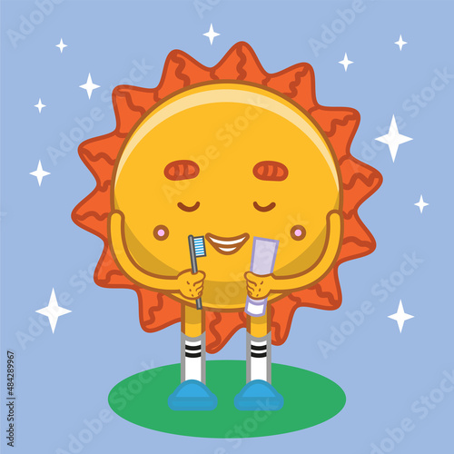 kids sticker cute bright cartoon sun brushes teeth with toothbrush and toothpaste in the morning