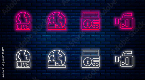 Set line World news, News on radio channel, Live report and Cinema camera. Glowing neon icon on brick wall. Vector