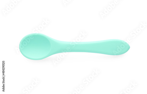 Plastic spoon isolated on white, top view. Serving baby food