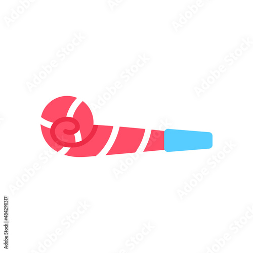 Colorful Birthday whistle flat icon isolated on white background. Color event decoration design. Pink anniversary celebration kid toy. Fun festival party blowing noisemaker element vector illustration