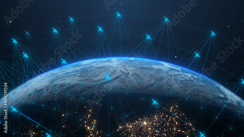 Global Nanosatellite or nanosat, satellite communication technology systems for a connected telecommunication digital world  - Conceptual 3D Illustration Render