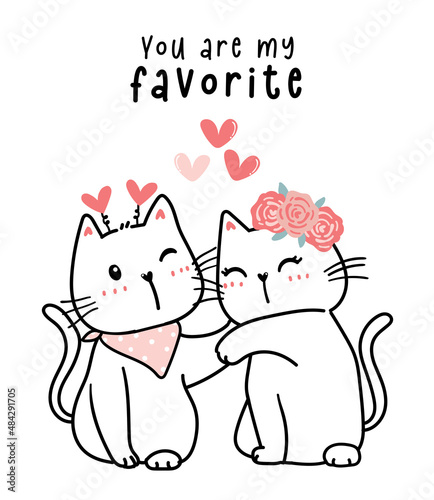 two couple cute white kitten cat in love cartoon outline drawing flat design, you are my favorite