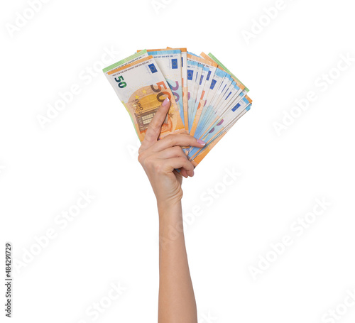 Billede på lærred Woman hand holding euro cash money banknotes isolated on white background